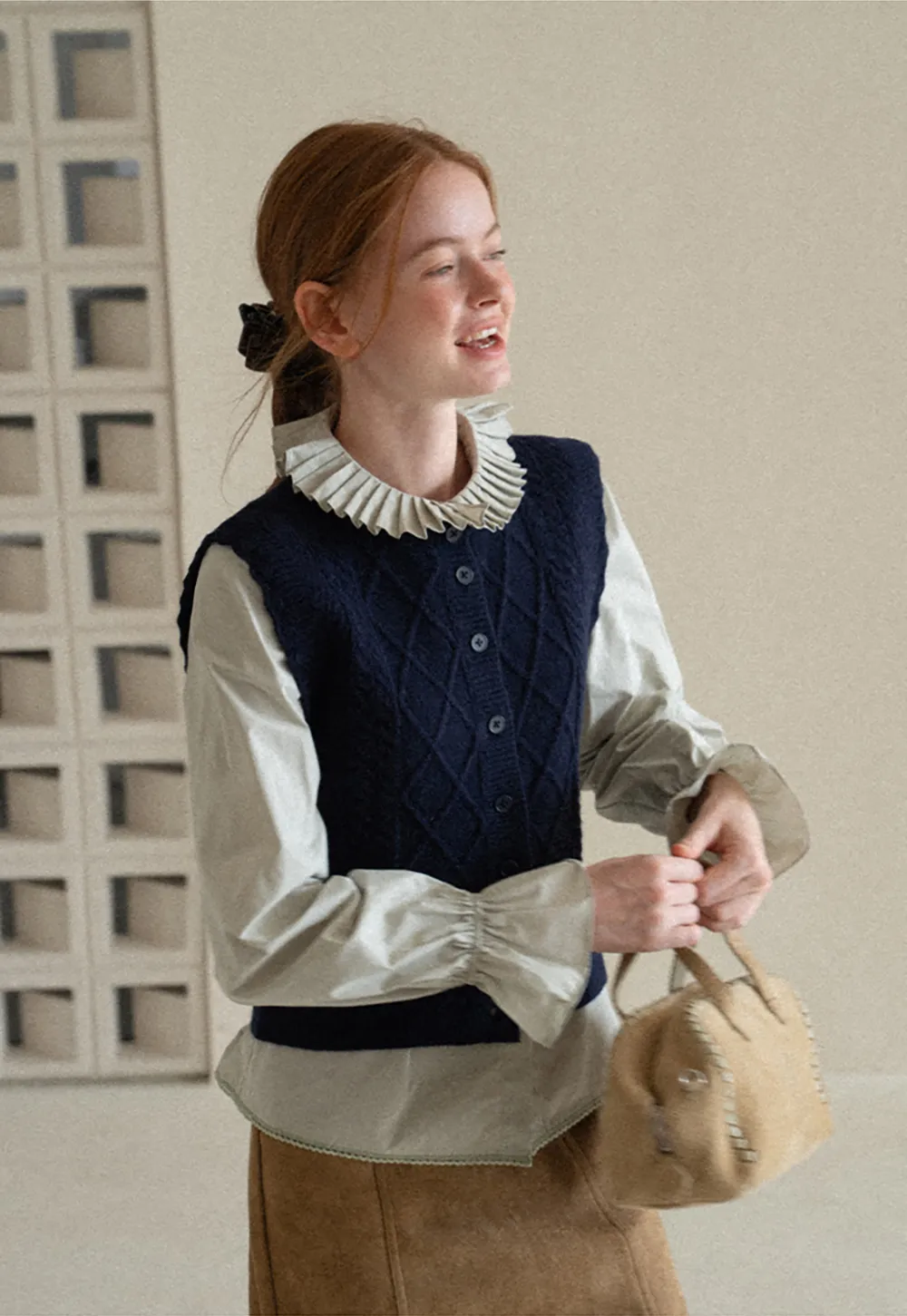 Cable Knit Vest with Pleated Collar