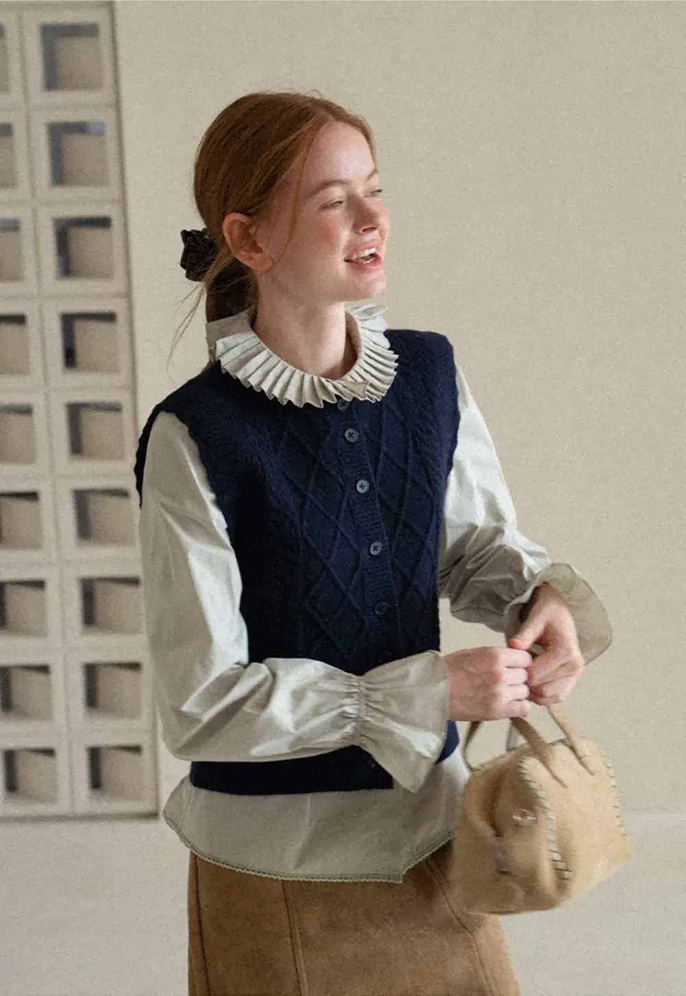 Cable Knit Vest with Pleated Collar
