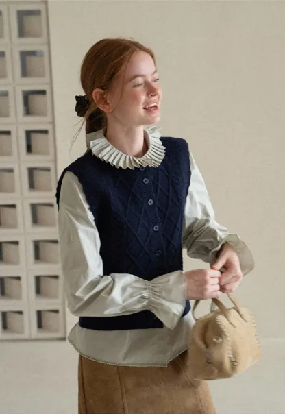 Cable Knit Vest with Pleated Collar