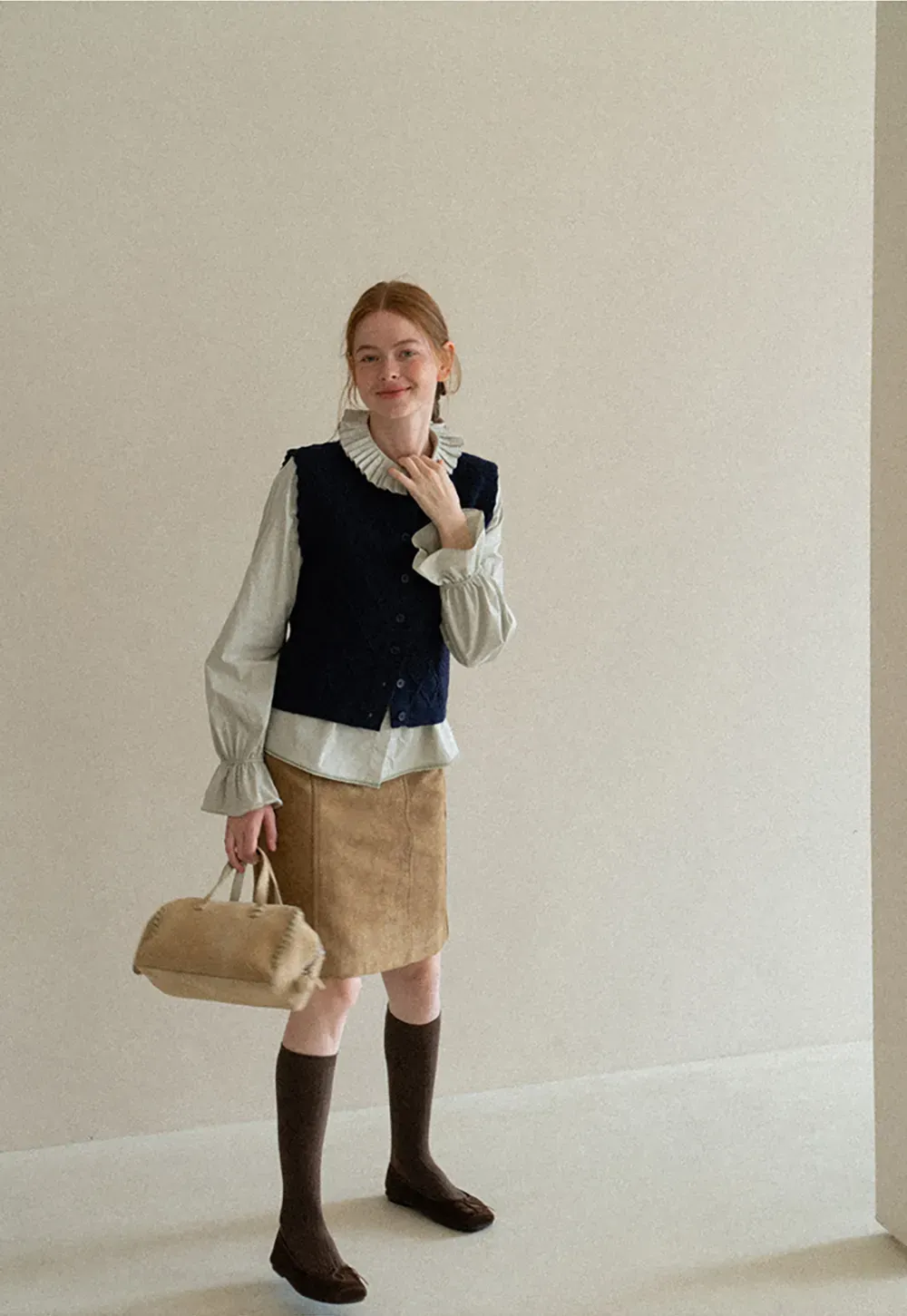 Cable Knit Vest with Pleated Collar