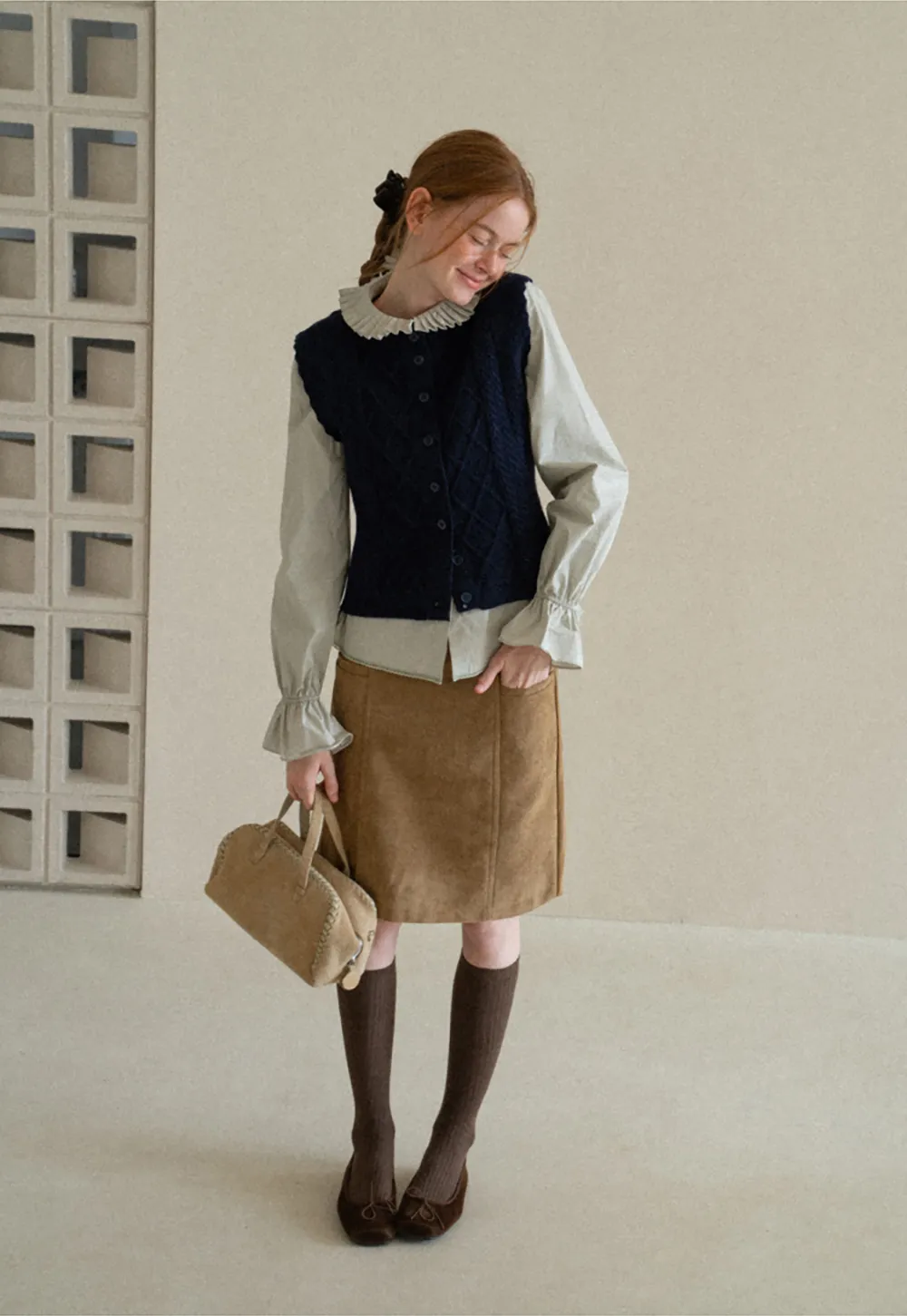 Cable Knit Vest with Pleated Collar