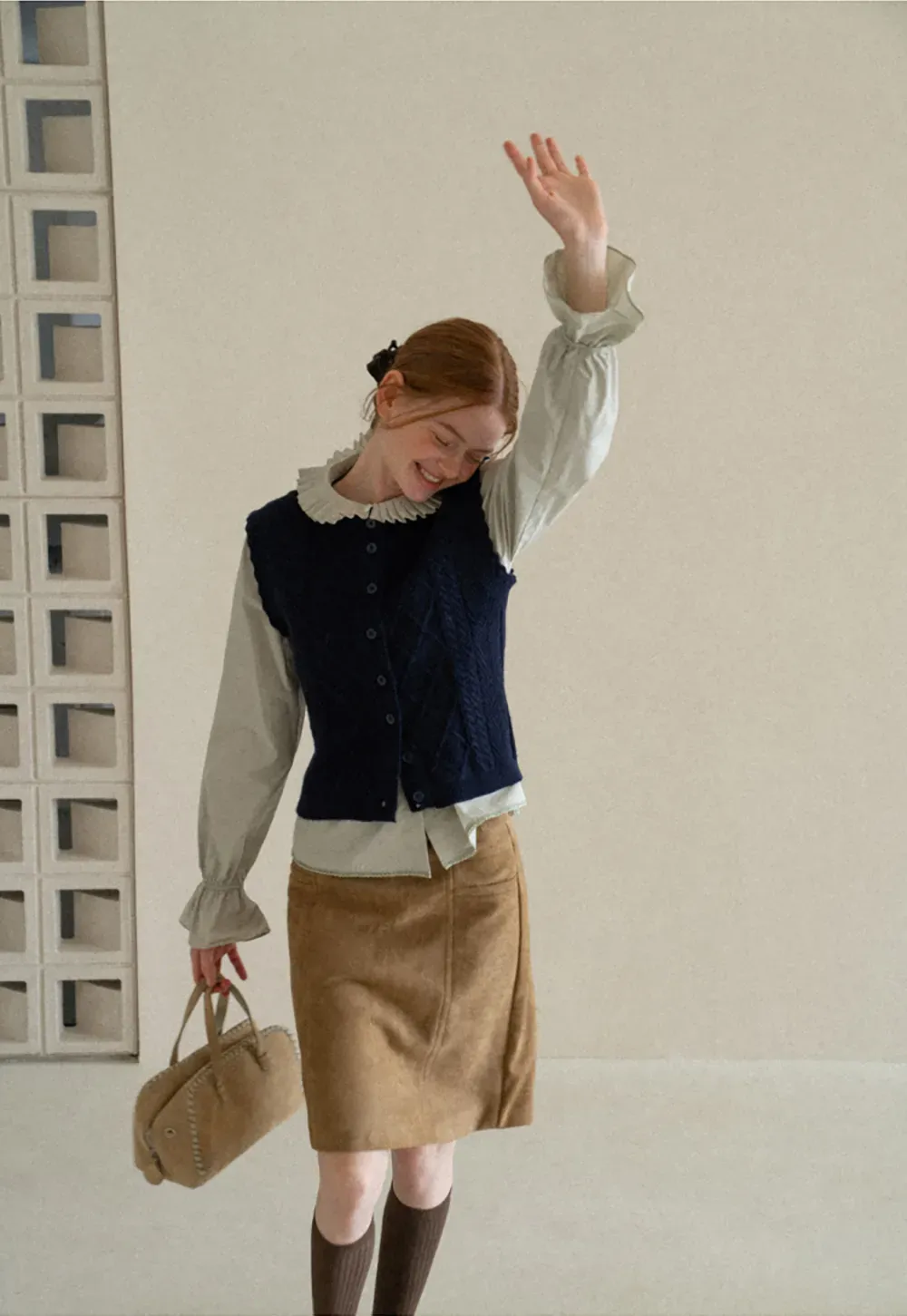 Cable Knit Vest with Pleated Collar