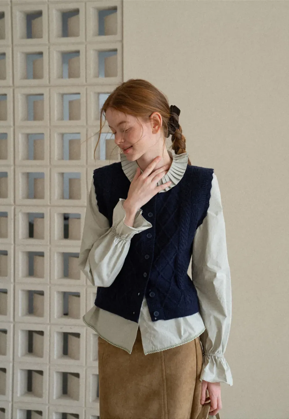 Cable Knit Vest with Pleated Collar