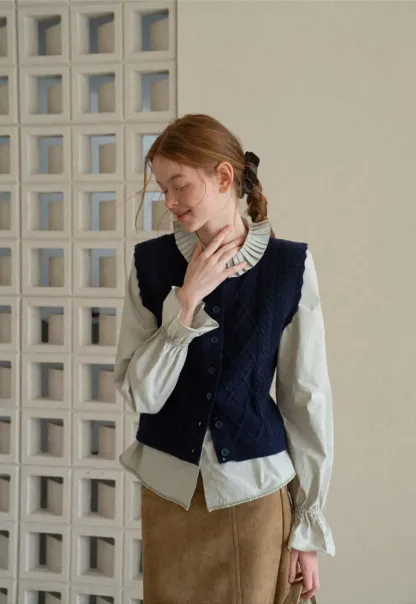 Cable Knit Vest with Pleated Collar