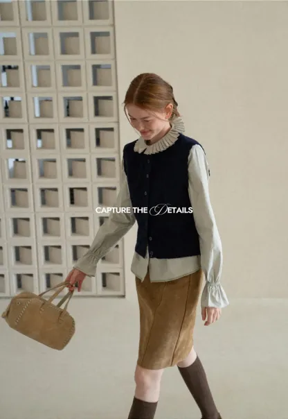 Cable Knit Vest with Pleated Collar