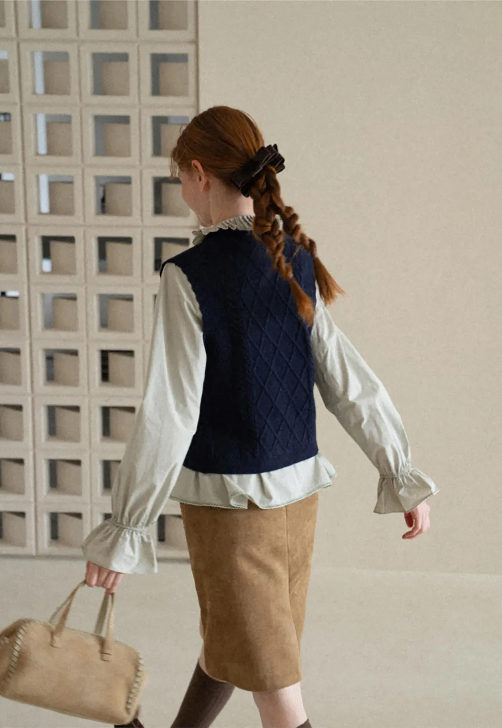 Cable Knit Vest with Pleated Collar