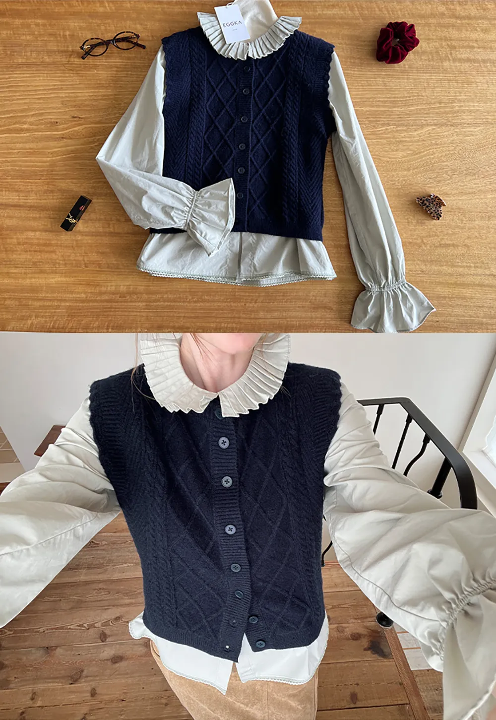Cable Knit Vest with Pleated Collar