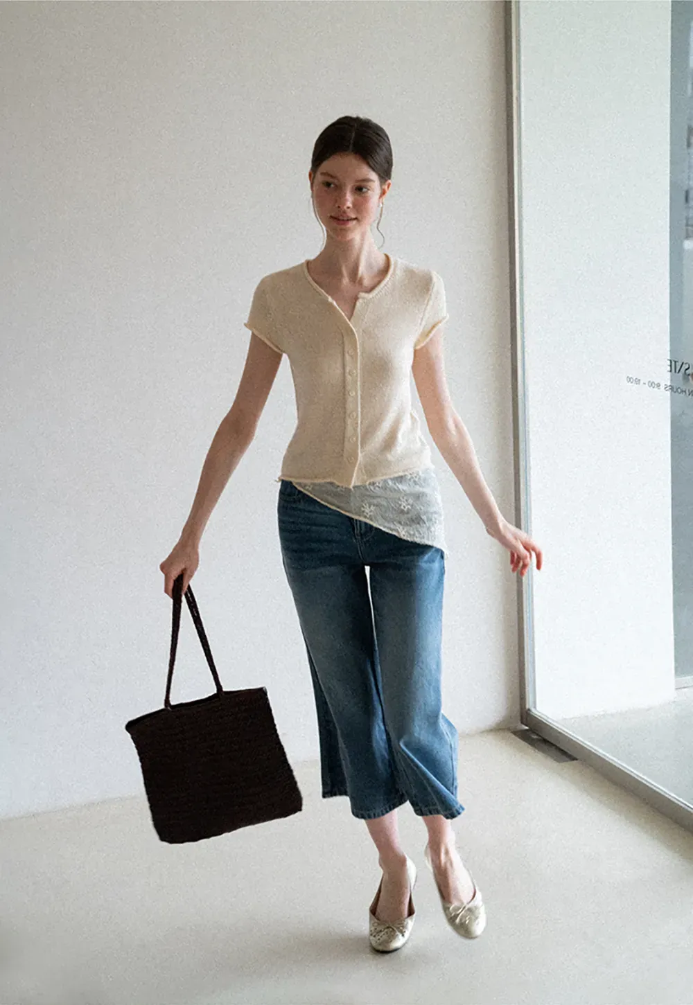 Button Front Knit Top with Lace Hem Detail