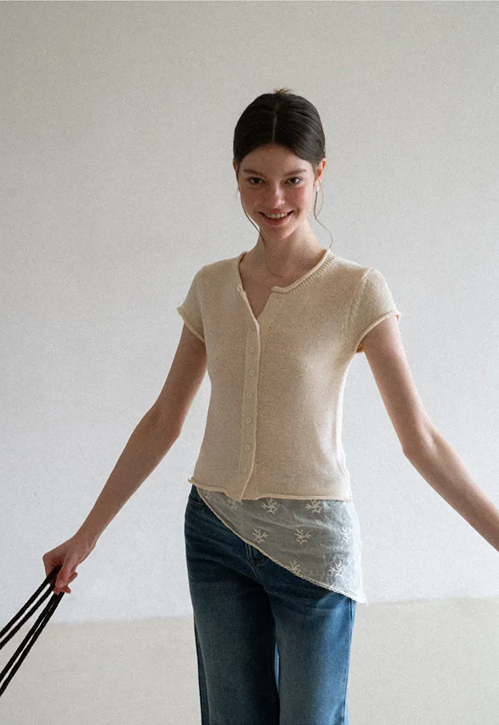 Button Front Knit Top with Lace Hem Detail
