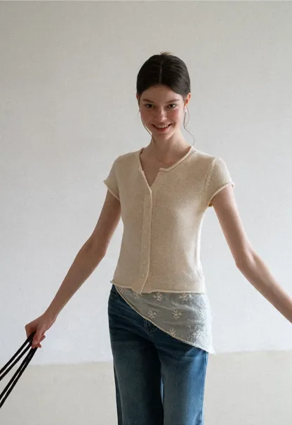 Button Front Knit Top with Lace Hem Detail