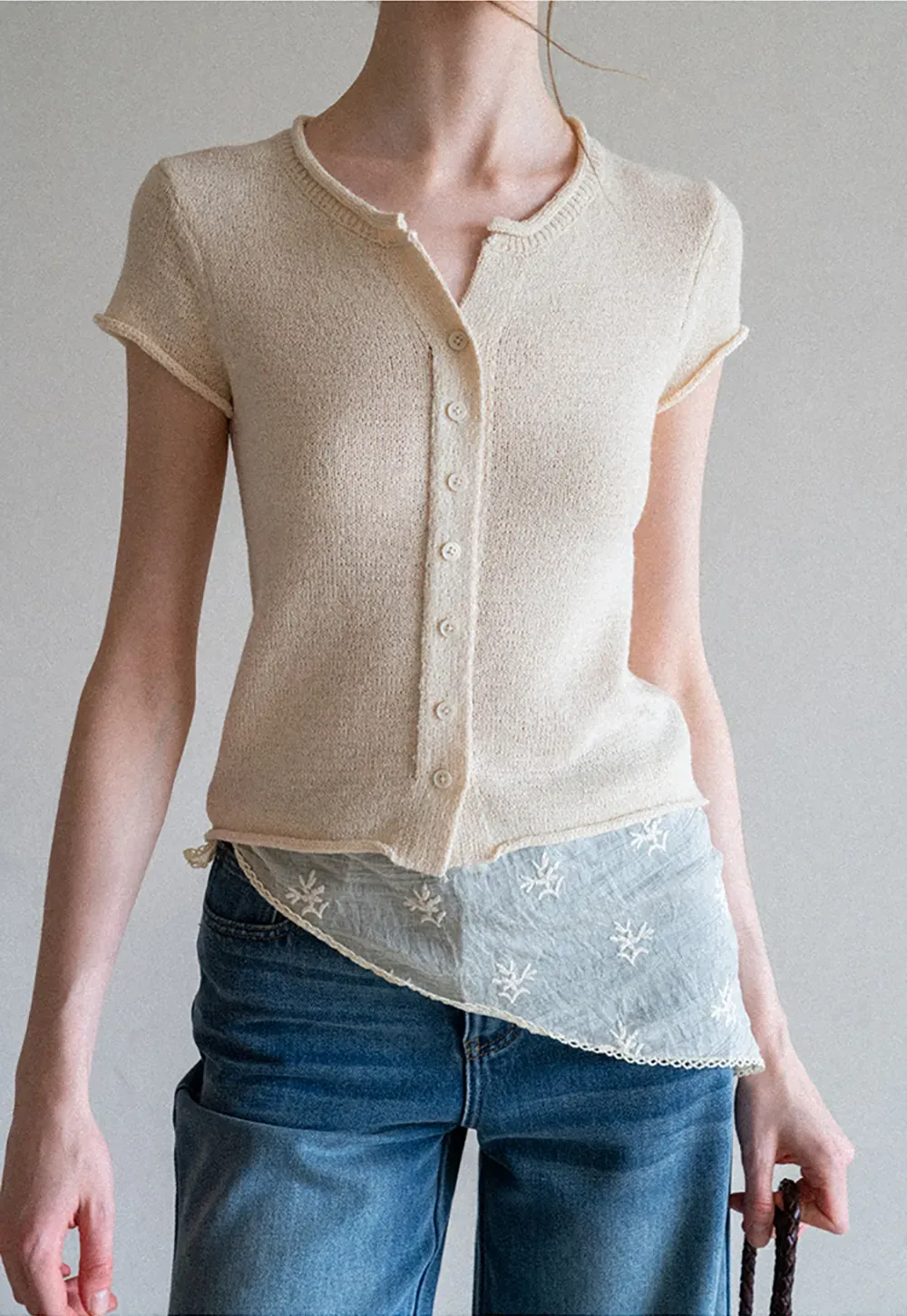 Button Front Knit Top with Lace Hem Detail