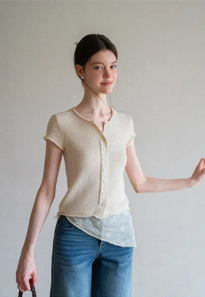 Button Front Knit Top with Lace Hem Detail