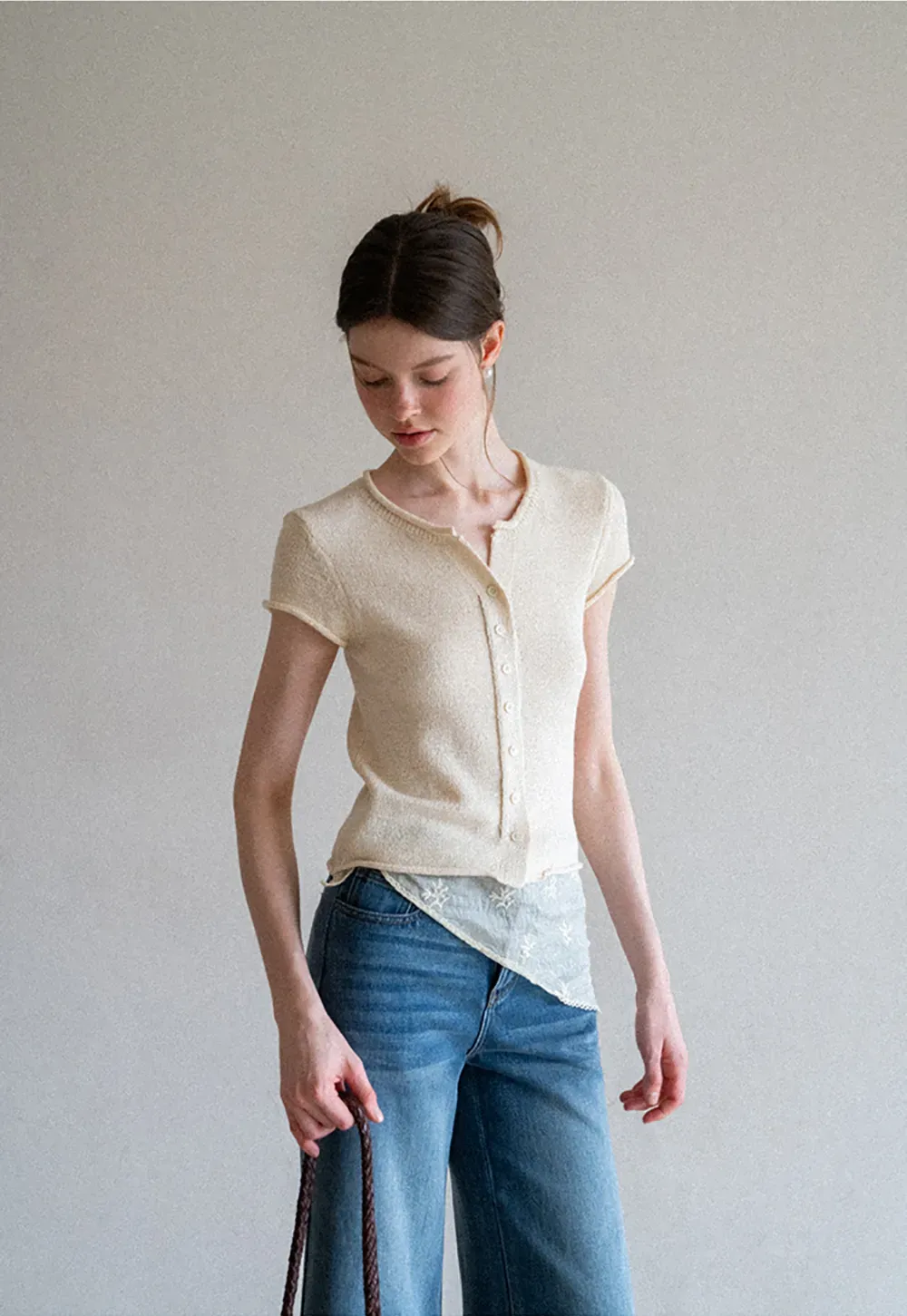 Button Front Knit Top with Lace Hem Detail