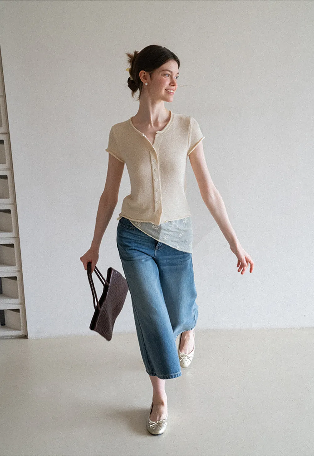 Button Front Knit Top with Lace Hem Detail