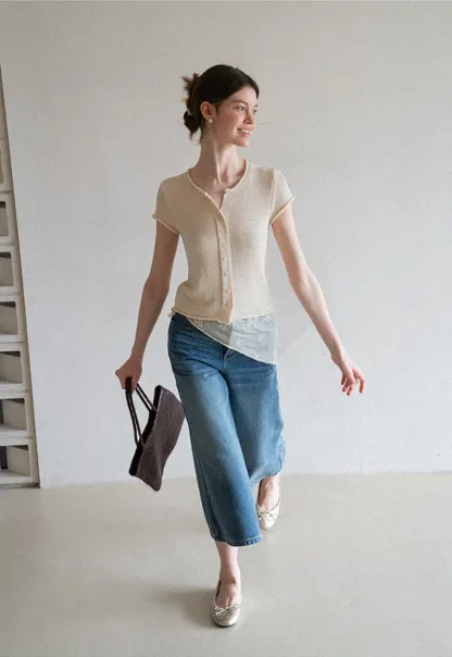 Button Front Knit Top with Lace Hem Detail