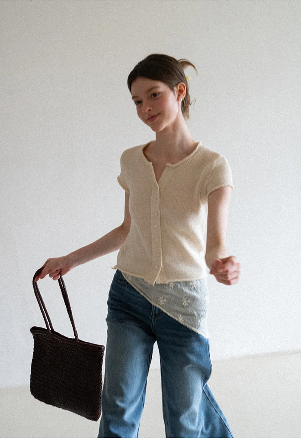 Button Front Knit Top with Lace Hem Detail