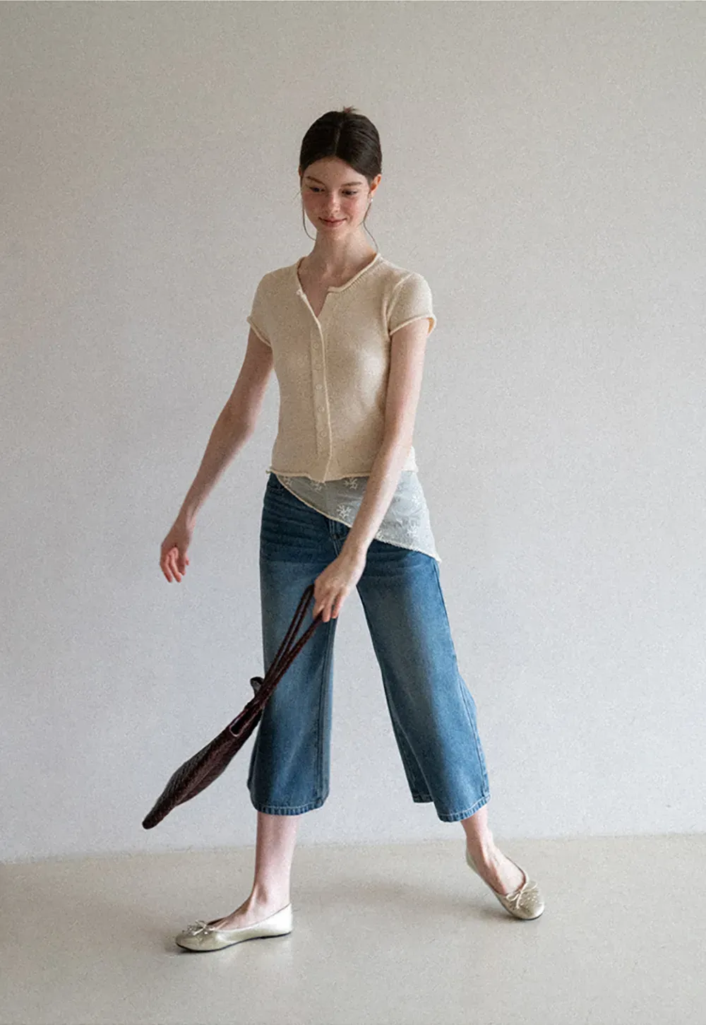 Button Front Knit Top with Lace Hem Detail