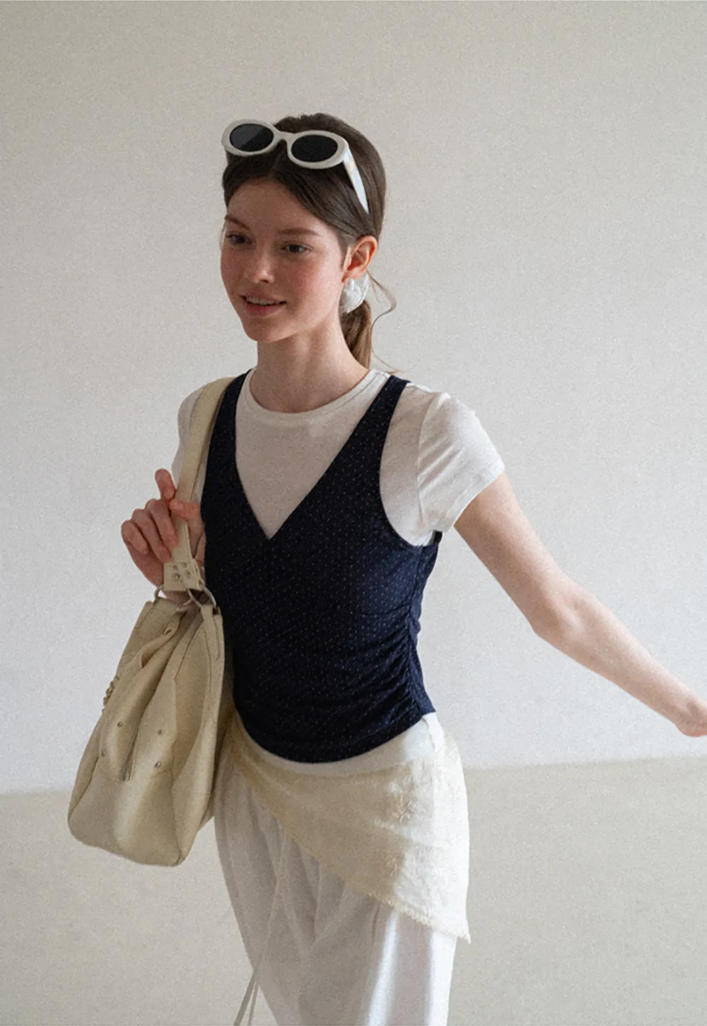 Button Front Knit Top with Lace Hem Detail