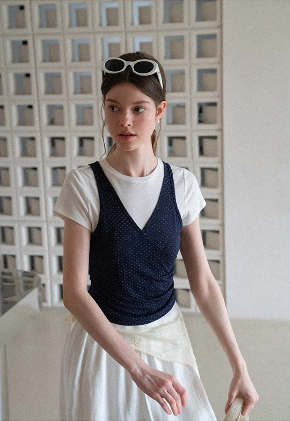 Button Front Knit Top with Lace Hem Detail