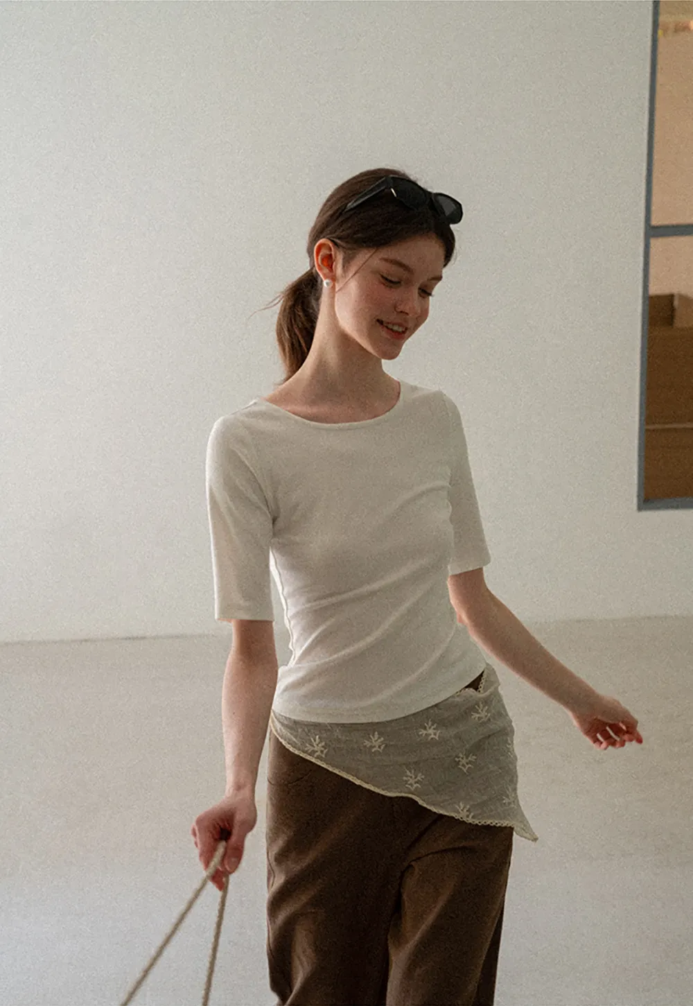 Button Front Knit Top with Lace Hem Detail
