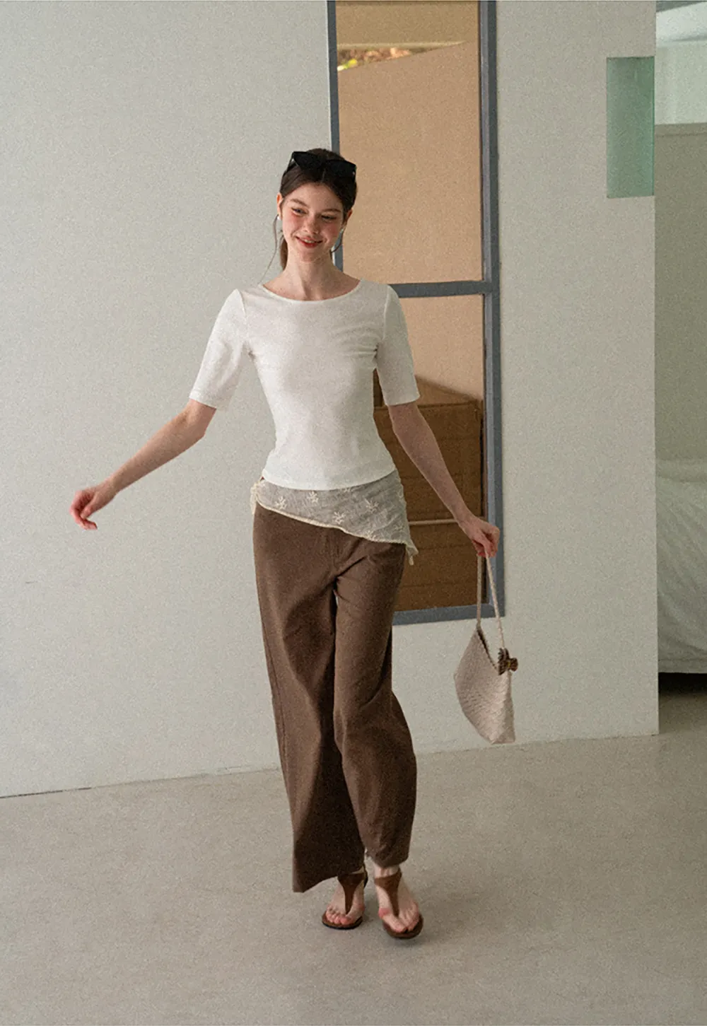 Button Front Knit Top with Lace Hem Detail