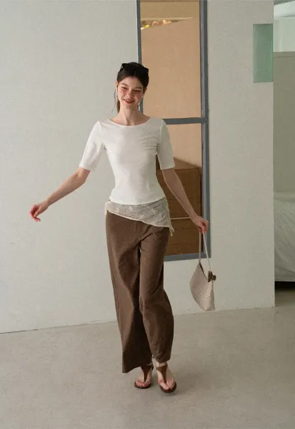 Button Front Knit Top with Lace Hem Detail
