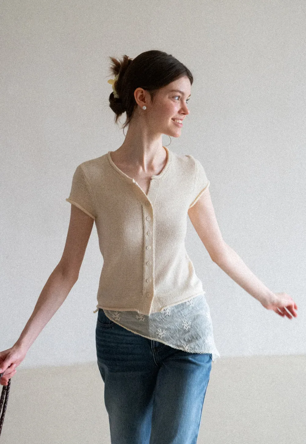 Button Front Knit Top with Lace Hem Detail