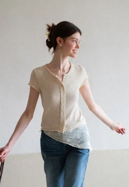 Button Front Knit Top with Lace Hem Detail