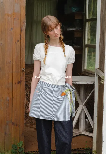 Striped Waist Apron with Front Pockets and Tie Closure