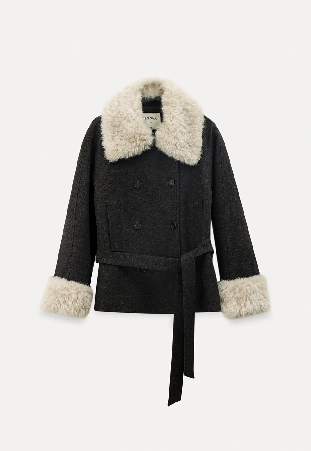 Wool Coat with Fur Collar and Cuff Belted Design