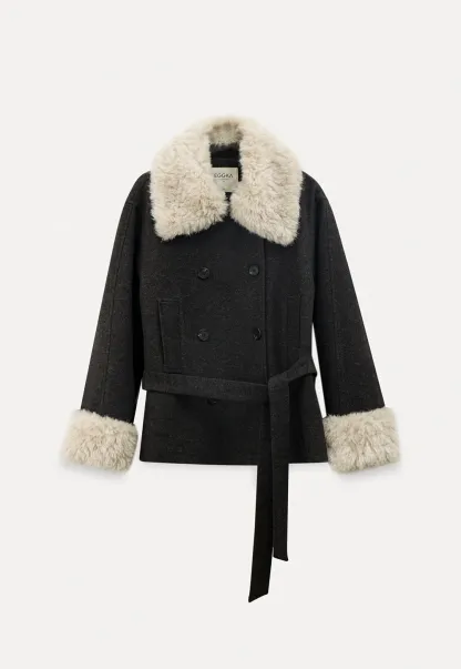 Wool Coat with Fur Collar and Cuff Belted Design