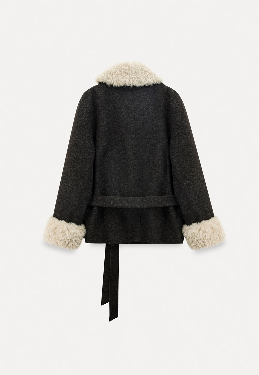 Wool Coat with Fur Collar and Cuff Belted Design