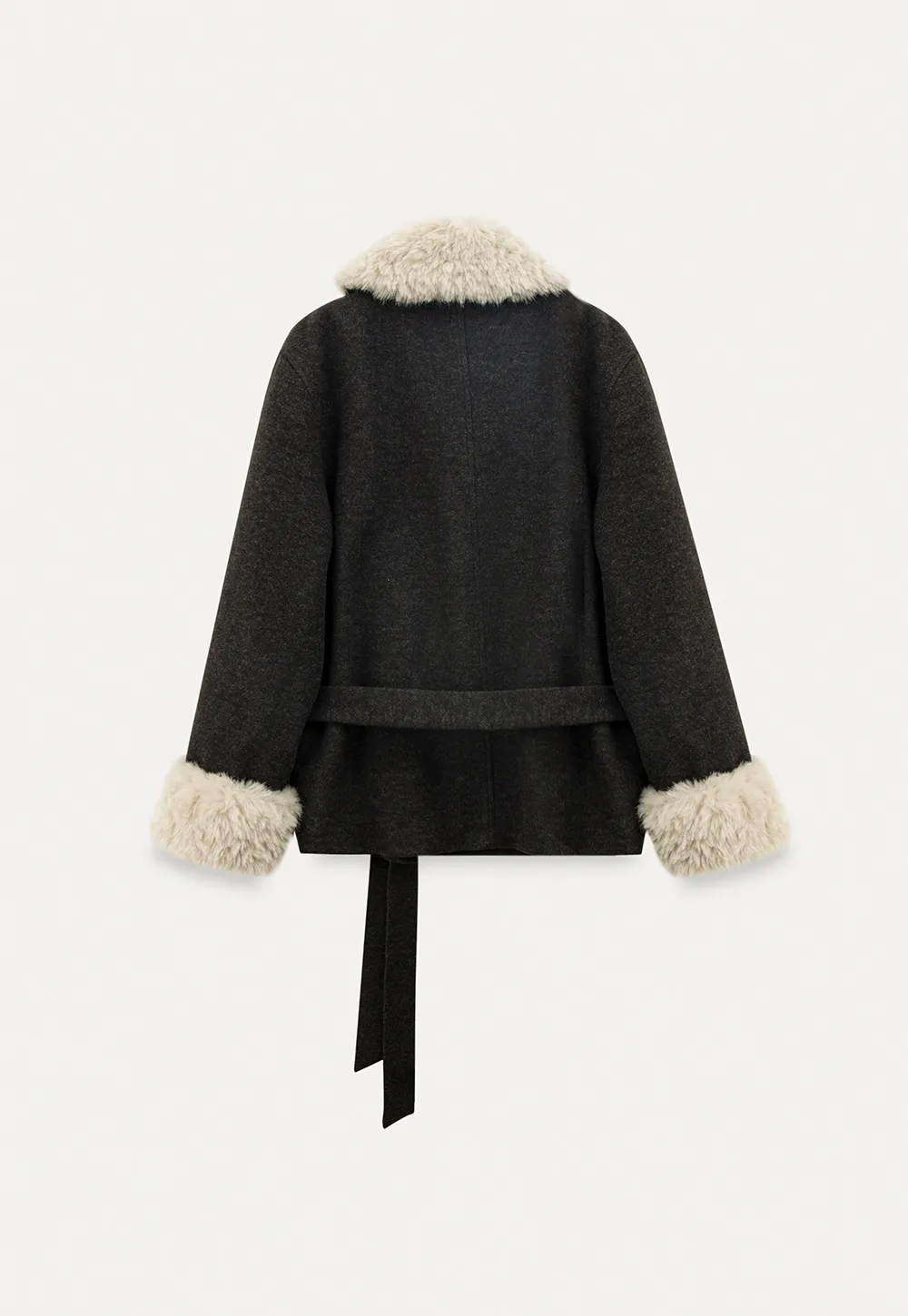 Wool Coat with Fur Collar and Cuff Belted Design