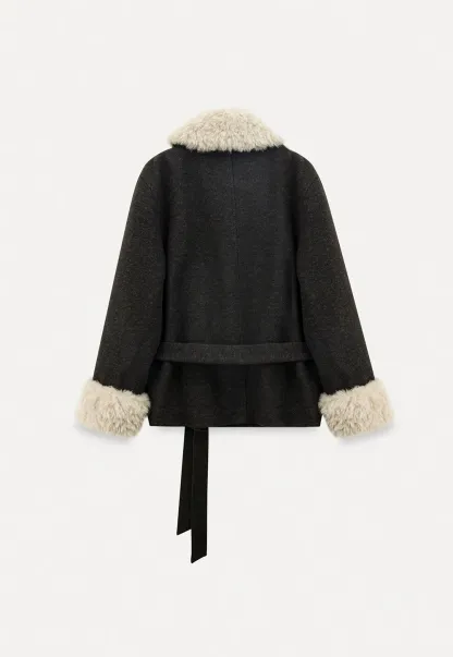 Wool Coat with Fur Collar and Cuff Belted Design