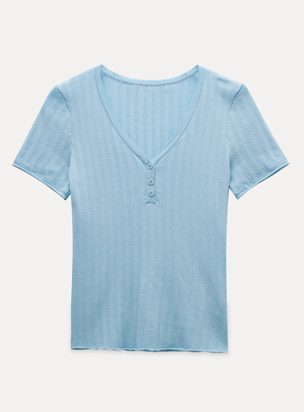 Ribbed V-Neck Buttoned Knit Top