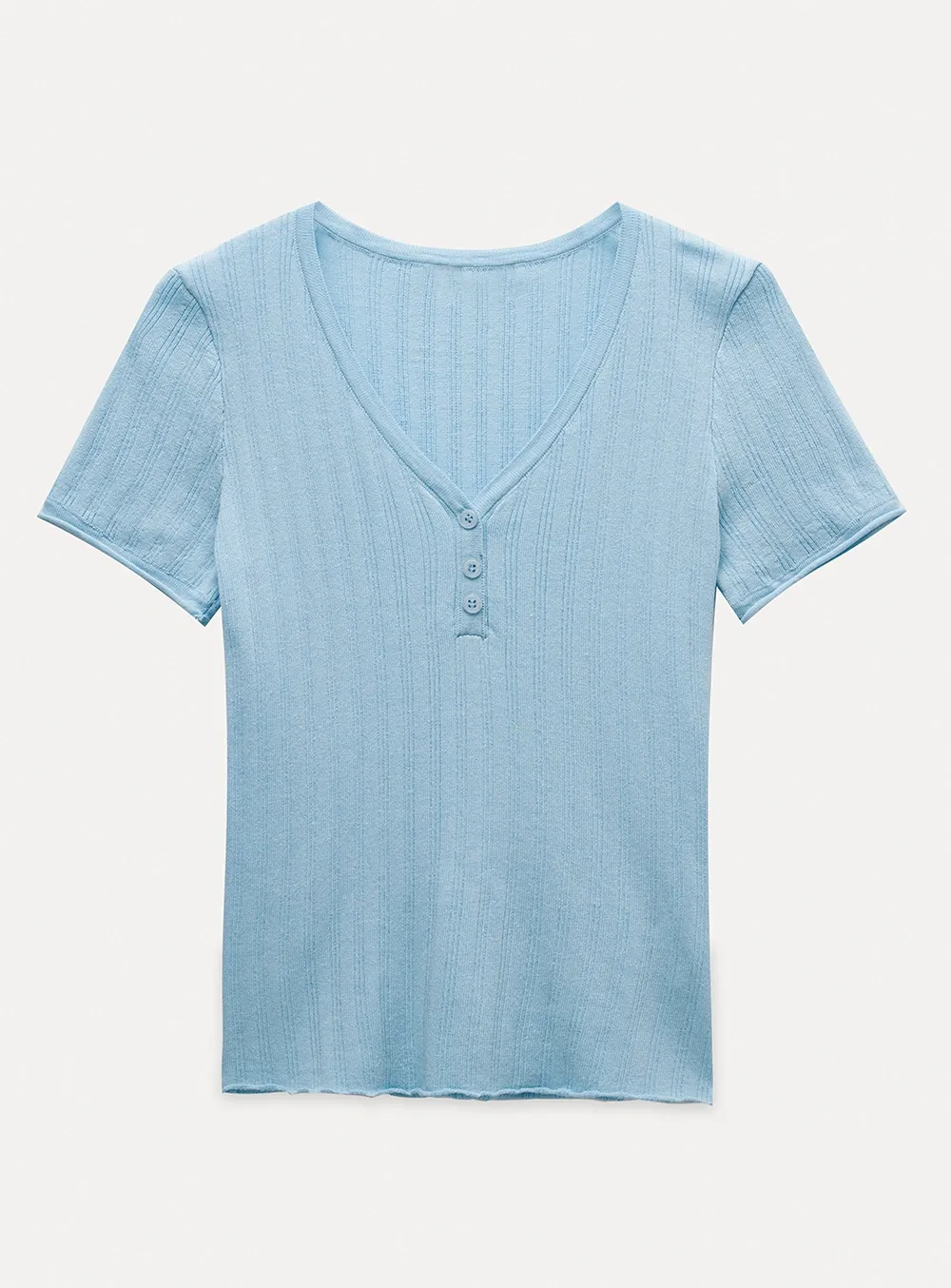 Ribbed V-Neck Buttoned Knit Top