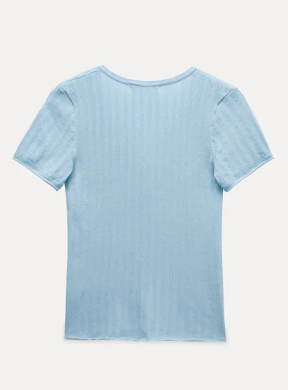 Ribbed V-Neck Buttoned Knit Top