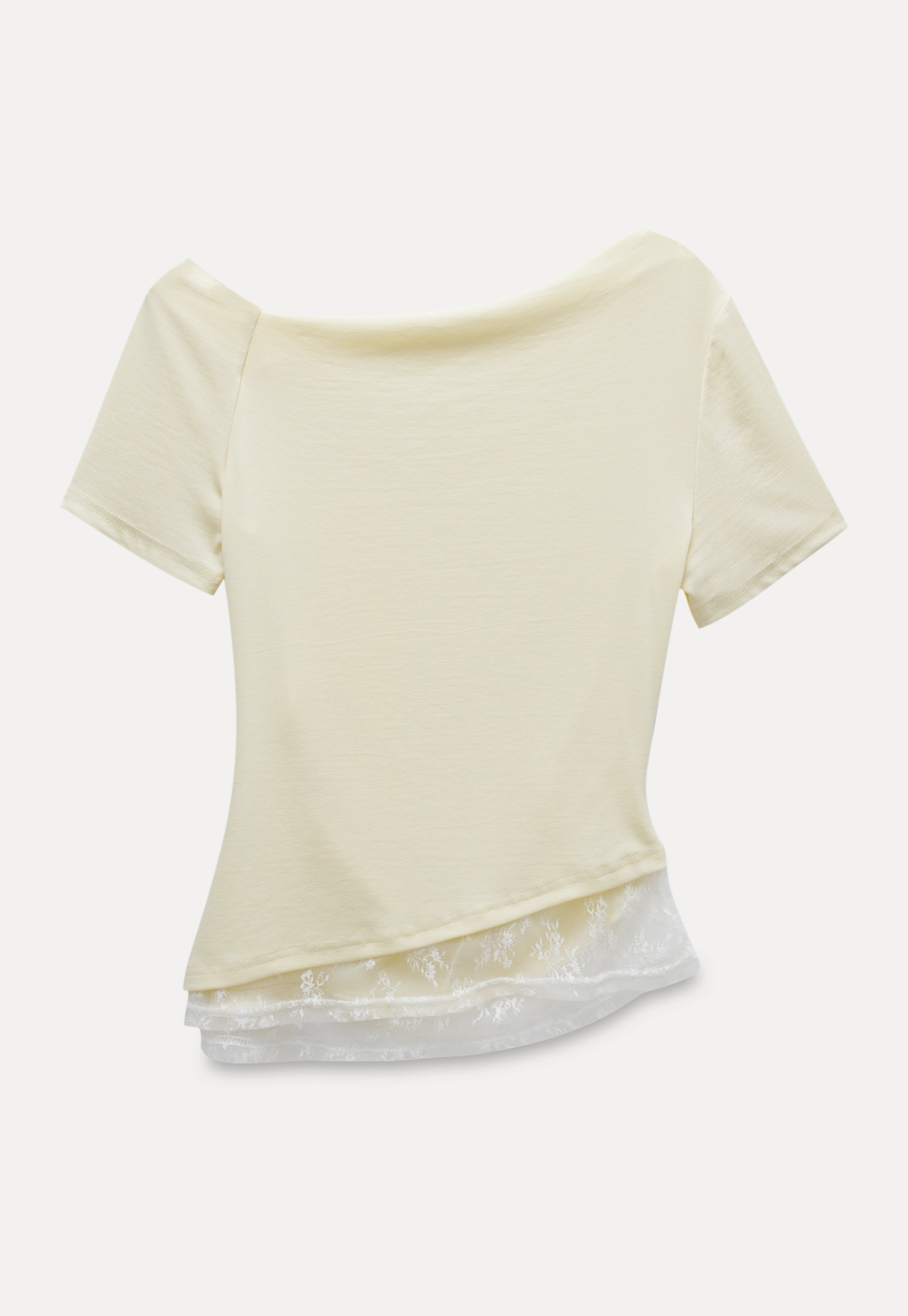 Asymmetrical Off-Shoulder Tee with Lace Hem