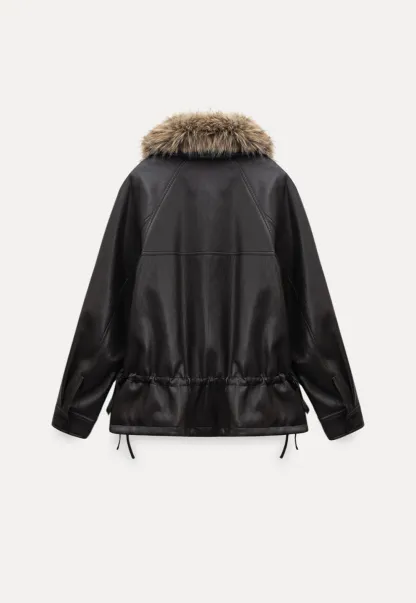 Casual Winter Faux Leather Coat with Soft Fur Collar