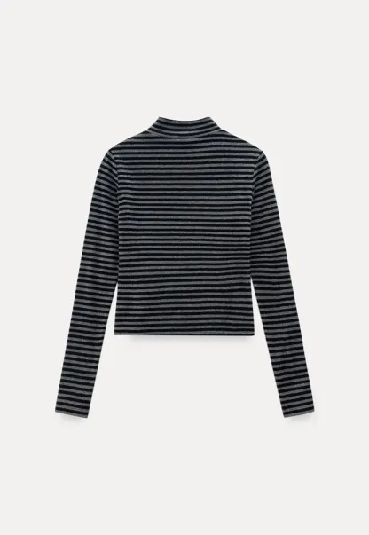 Striped Mock Neck Slim Long Sleeve Tee
