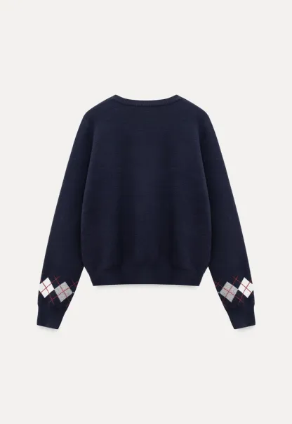 Navy Blue Sweater with Argyle Pattern for Women