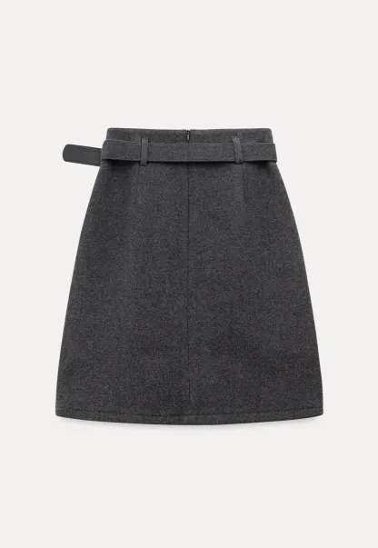 Wool Belted A-Line Mini Skirt in Charcoal