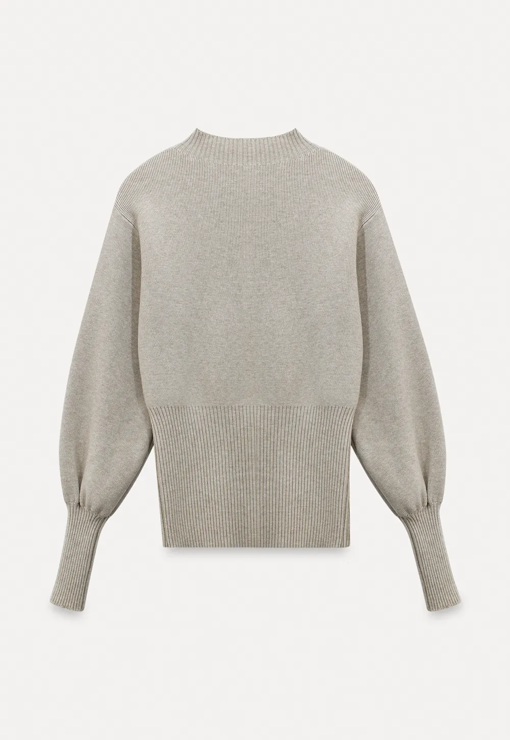 Ribbed High-Neck Sweater with Balloon Sleeves