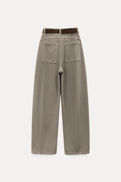 Loose Fleece-Lined Jeans with Tassel Belt