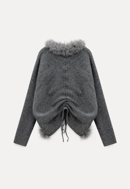 Patterned Sweater Cardigan with Fur Trim