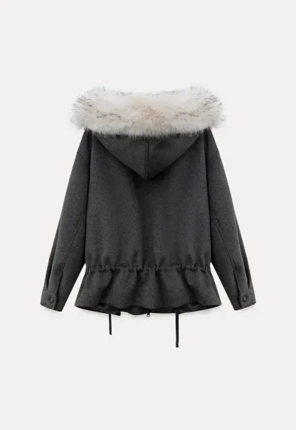 Faux-Fur Trim Hooded Charcoal Jacket