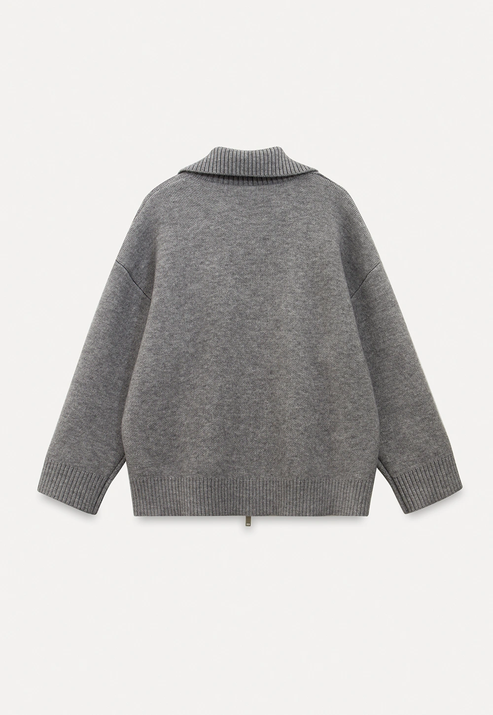 Women Grey Zip-Up Sweater with Ribbed Collar