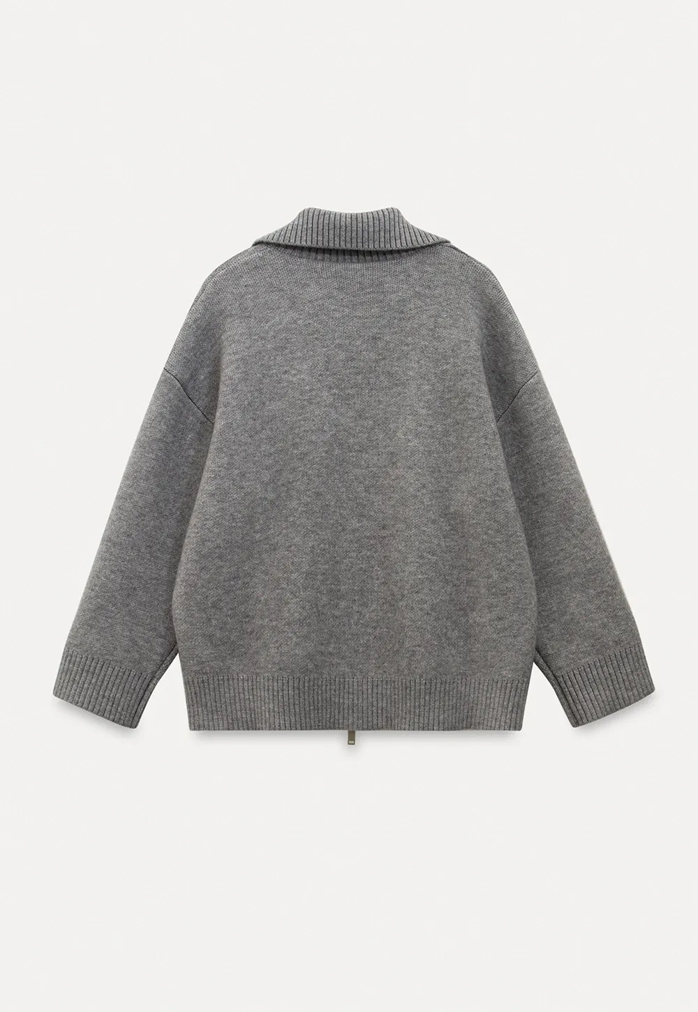 Women Grey Zip-Up Sweater with Ribbed Collar
