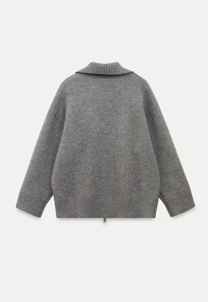 Women Grey Zip-Up Sweater with Ribbed Collar