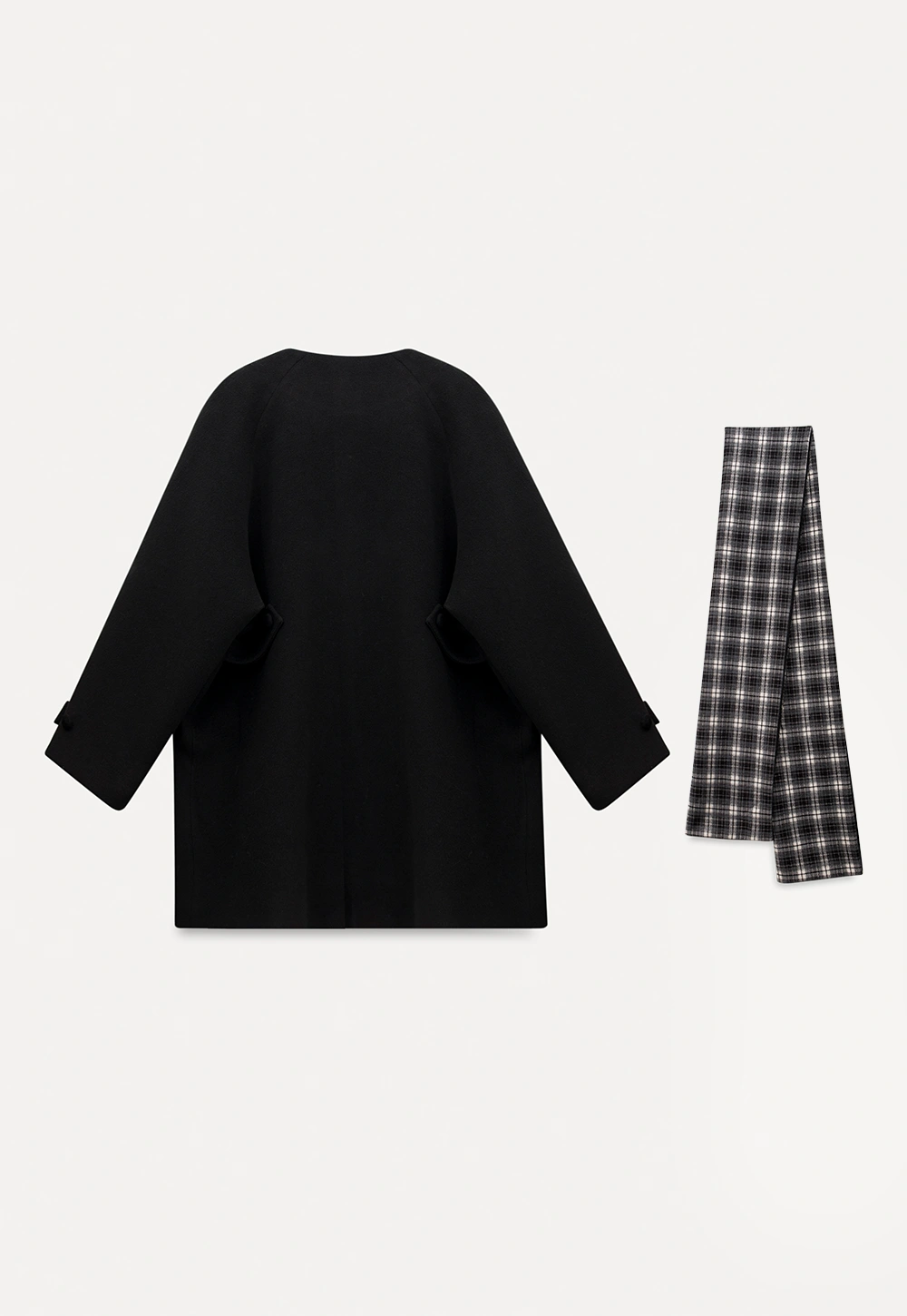 Women Black Wool Coat with Plaid Scarf Set